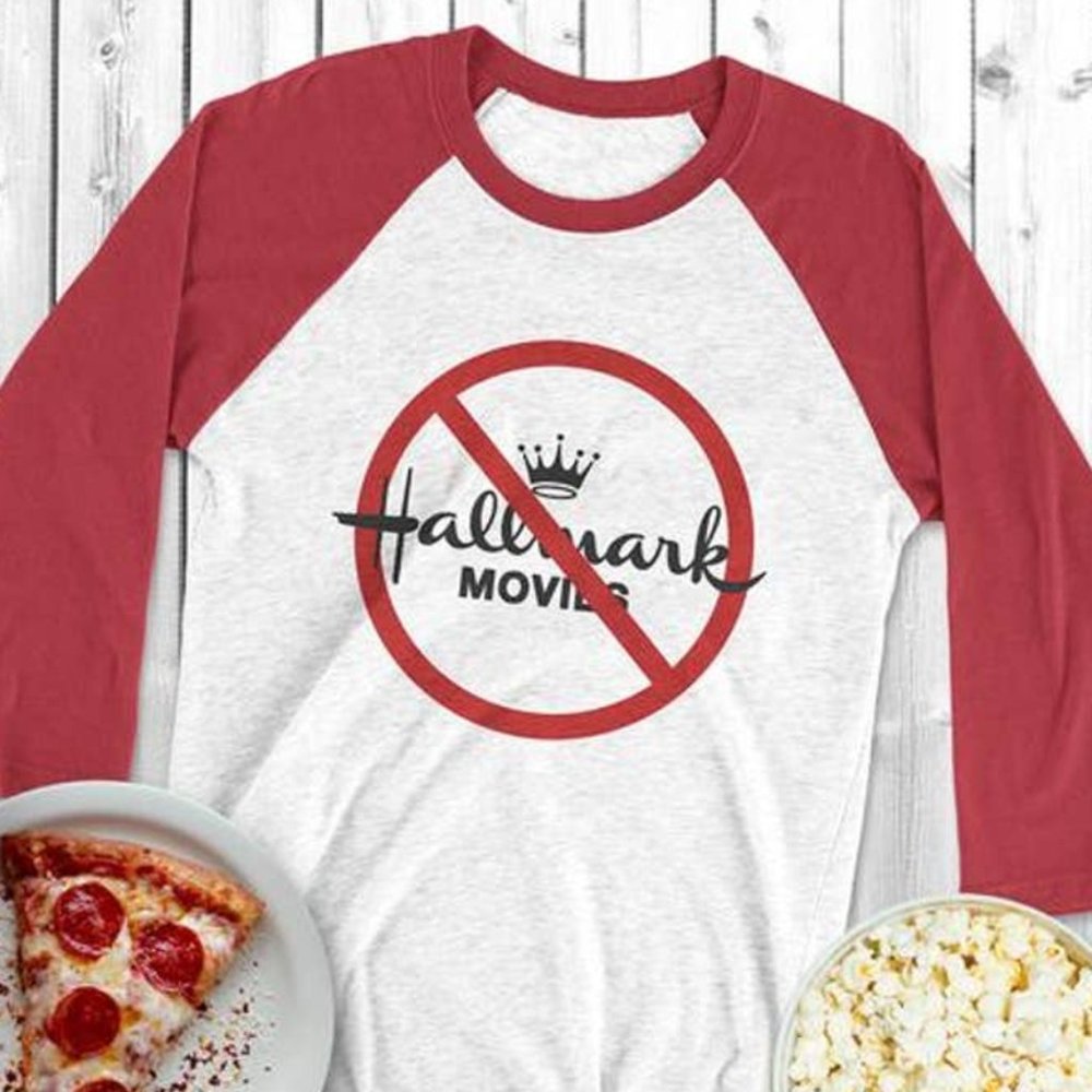 New Hand Printed I Hate Hallmark Movies 3/4 Sleeve Red Raglan Tee Shirt